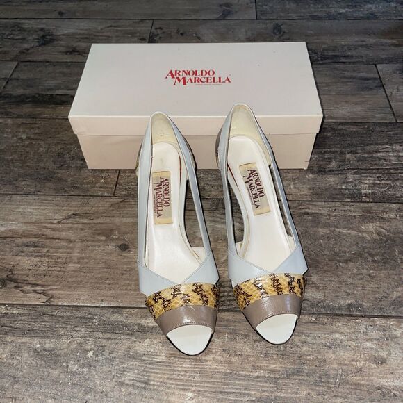 Arnoldo Marcella Women’s Heels Vintage 7.5 N Made In Italy Open Toe Snake Print - Picture 1 of 15